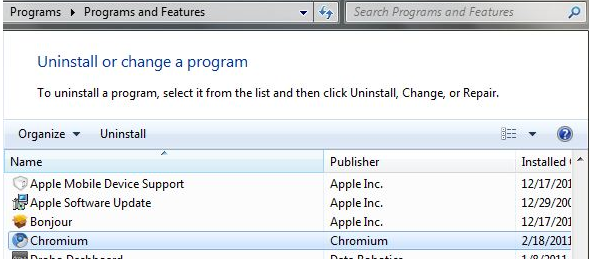 Delete the Chromium folder using Control Panel