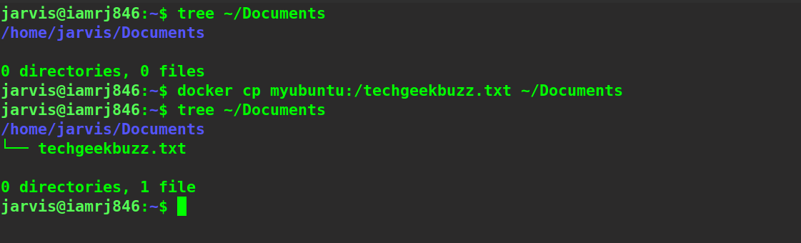 $ docker cp myubuntu:/techgeekbuzz.txt ~/Documents