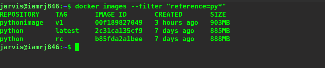 docker images --filter “reference=py*”