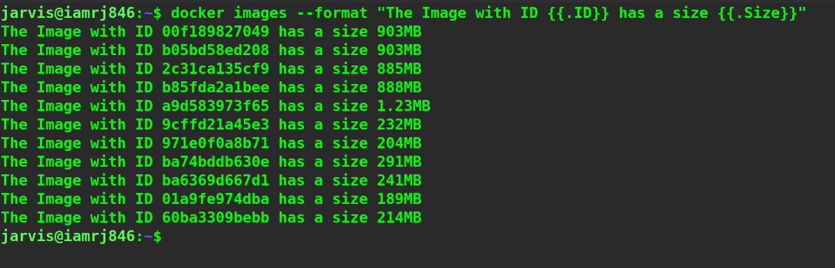 docker images --format “The Image with ID {{.ID}} has a size {{.Size}}”