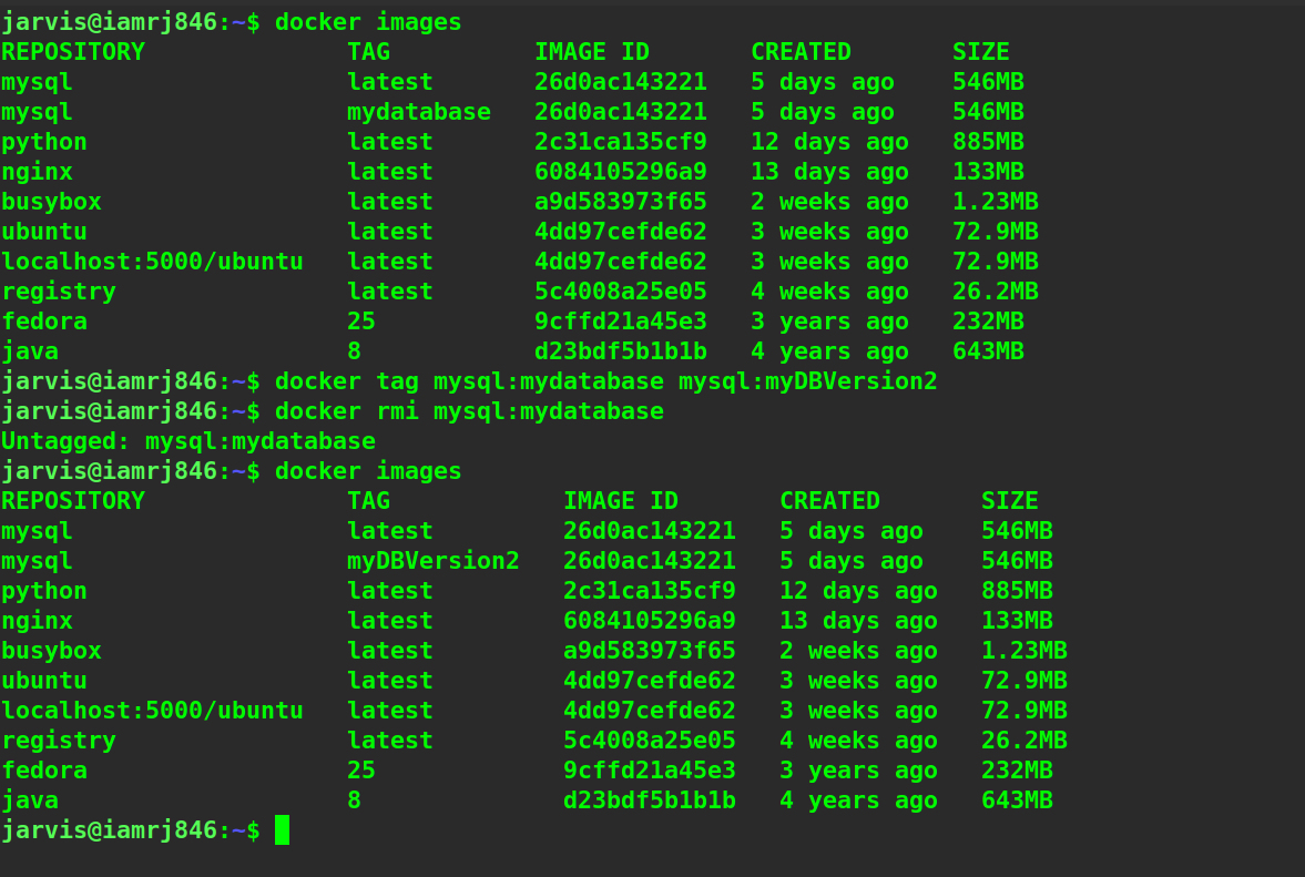 $ docker rmi mysql:mydatabase