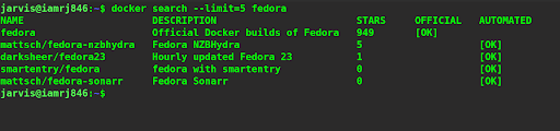 $ docker search --limit=5 fedora