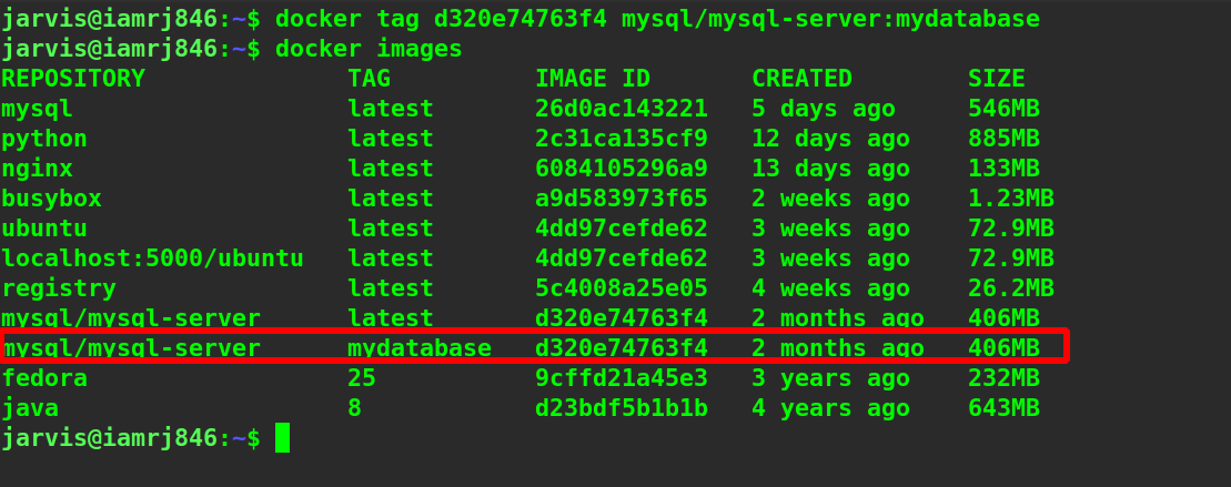 $ docker tag <image-id> mysql/mysql-server:mydatabase