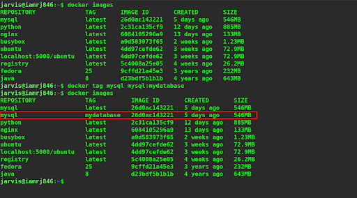 $ docker tag mysql mysql:mydatabase