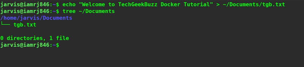 $ echo "Welcome to TechGeekBuzz Docker Tutorial" > ~/Documents/tgb.txt