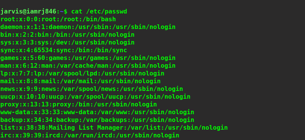  $ cat /etc/passwd