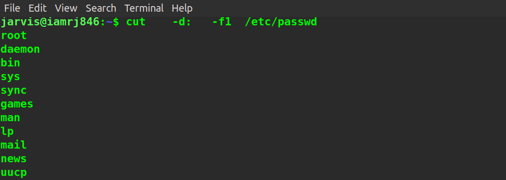  $ cut -d: -f1 /etc/passwd