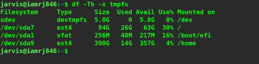  $ df -Th -x tmpfs