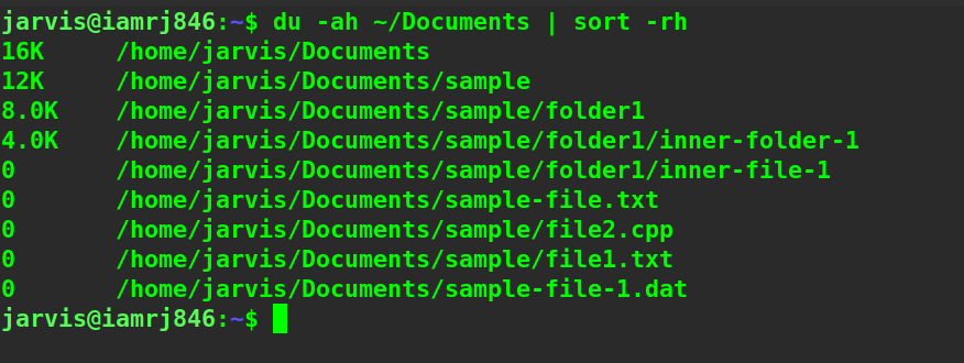  $ du -ah ~/Documents | sort -rh