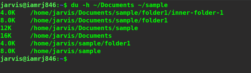  $ du -h ~/Documents ~/sample