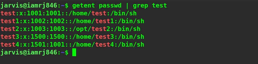  $ getent passwd | grep test