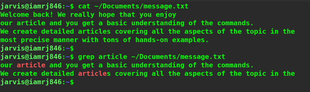 $ grep article ~/Documents/message.txt