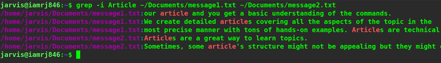 $ grep -i Article ~:Documents:message1.txt ~:Documents:message2.txt