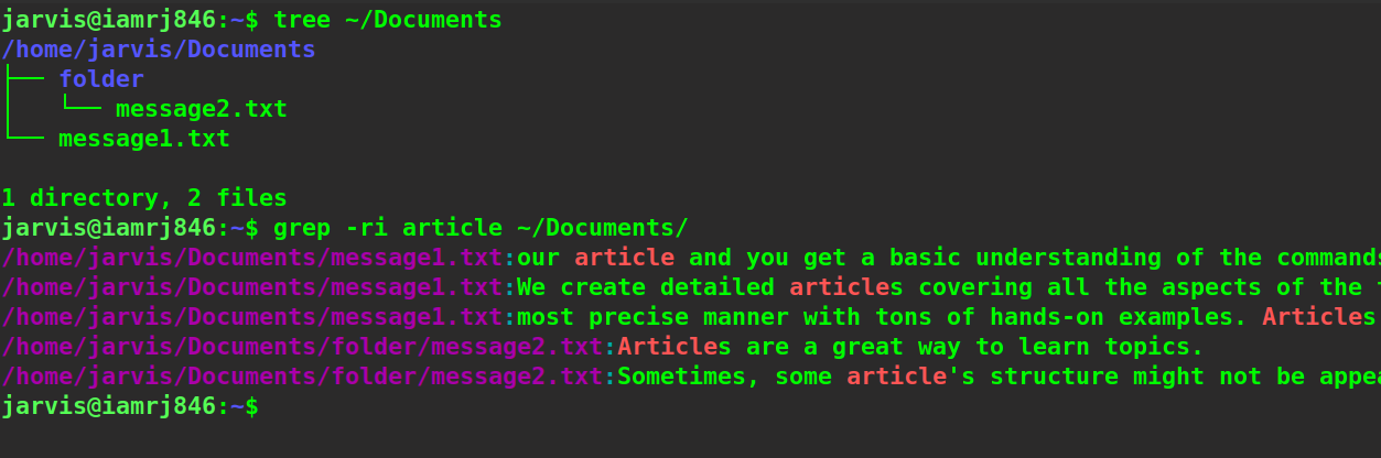  $ grep -ri "Happy Learning!" ~/Documents/