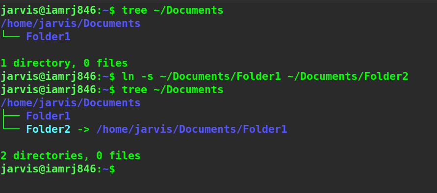  $ ln -s ~/Documents/Folder1 ~/Documents/Folder2