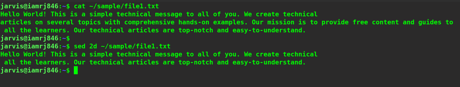 $ sed 2d ~/sample/file1.txt