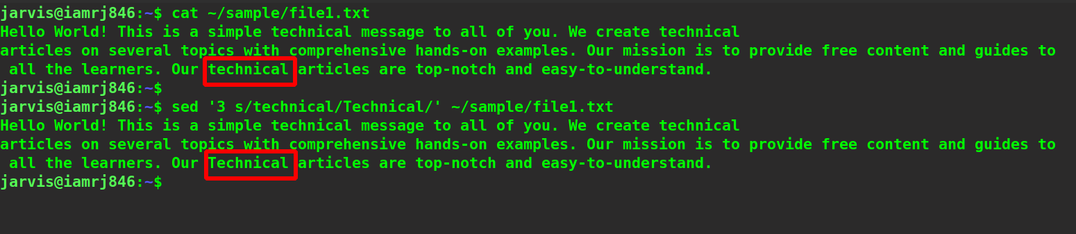 $ sed '3 s/technical/Technical/' ~/sample/file1.txt