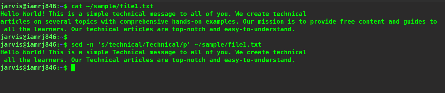 $ sed -n 's/technical/Technical/p' ~/sample/file1.txt