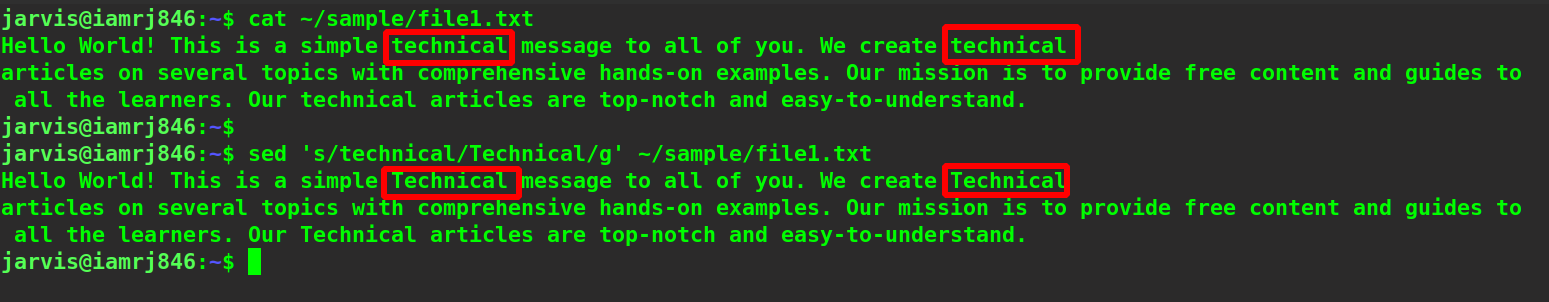 $ sed 's/technical/Technical/g' ~/sample/file1.txt