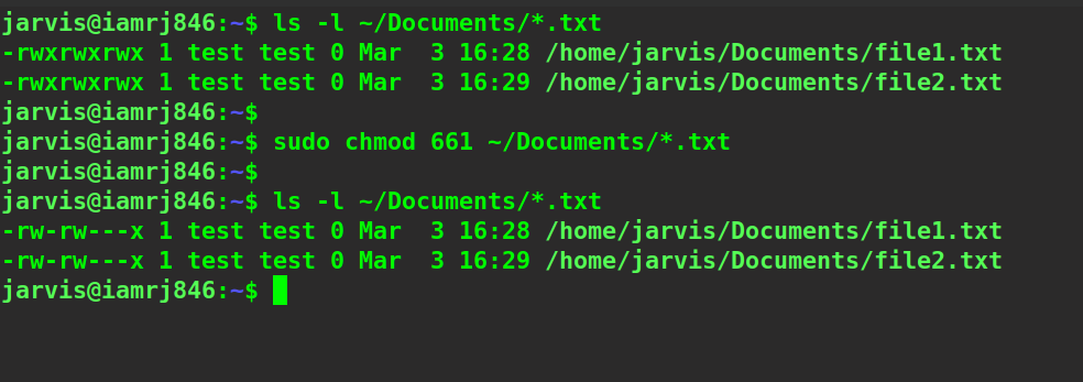 $ sudo chmod 661 ~/Documents/*.txt