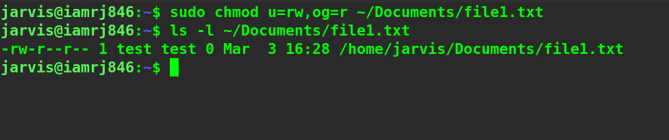 $ sudo chmod u=rw,og=r ~/Documents/file1.txt