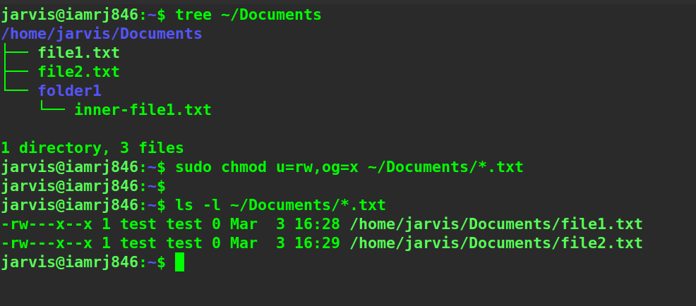 $ sudo chmod u=rw,og=x ~/Documents/*.txt