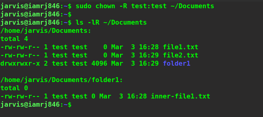 $ sudo chown -R test:test ~/Documents