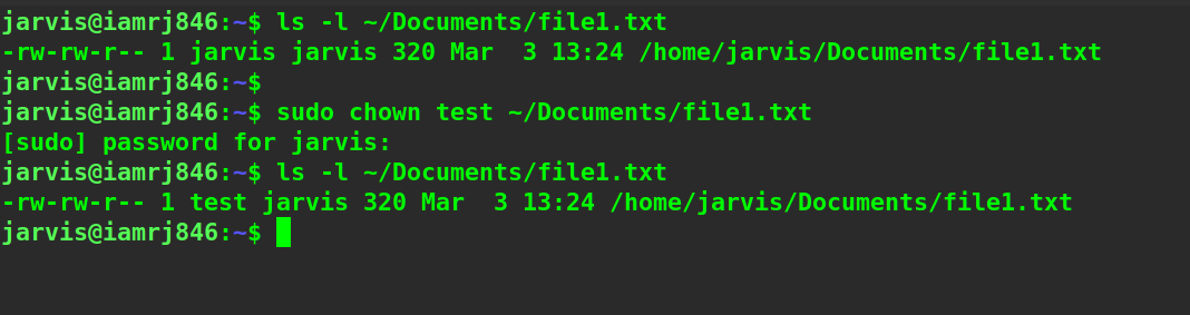 $ sudo chown test ~/Documents/file1.txt