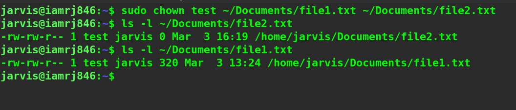 $ sudo chown test ~/Documents/file1.txt ~/Documents/file2.txt