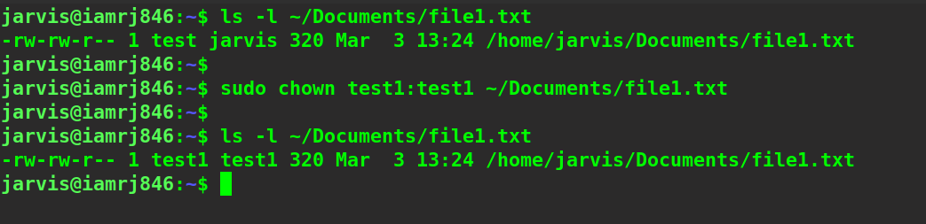 $ sudo chown test1:test1 ~/Documents/file1.txt