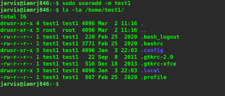  $ sudo useradd -m test