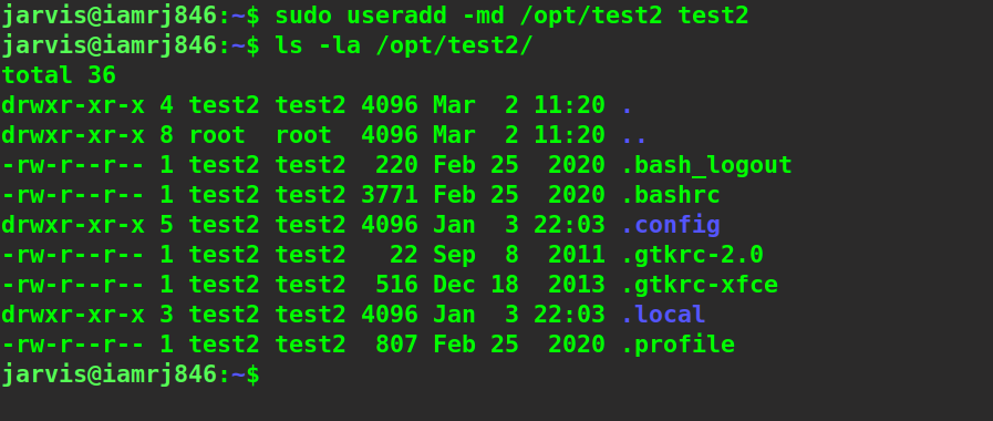  $ sudo useradd -md /opt/test2 test2