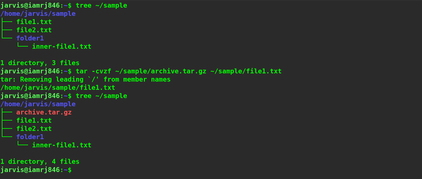 $ tar -cvzf archive.tar.gz ~/sample/file1.txt