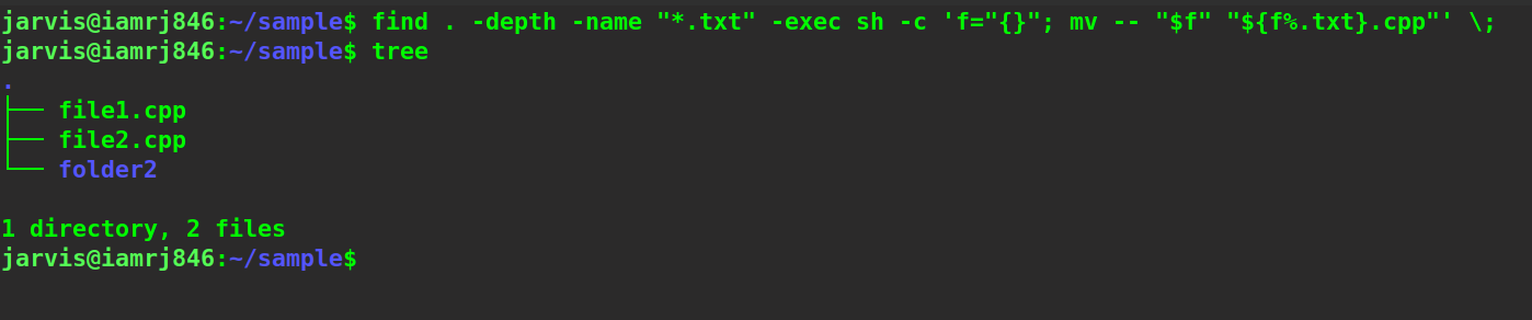 $ find . -depth -name "*.txt" -exec sh -c 'file="{}"; mv -- "$file" "${file%.txt}.cpp"' \;