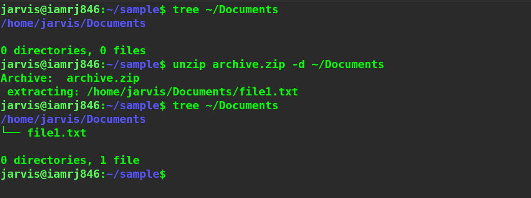 $ unzip archive.zip -d ~/Documents