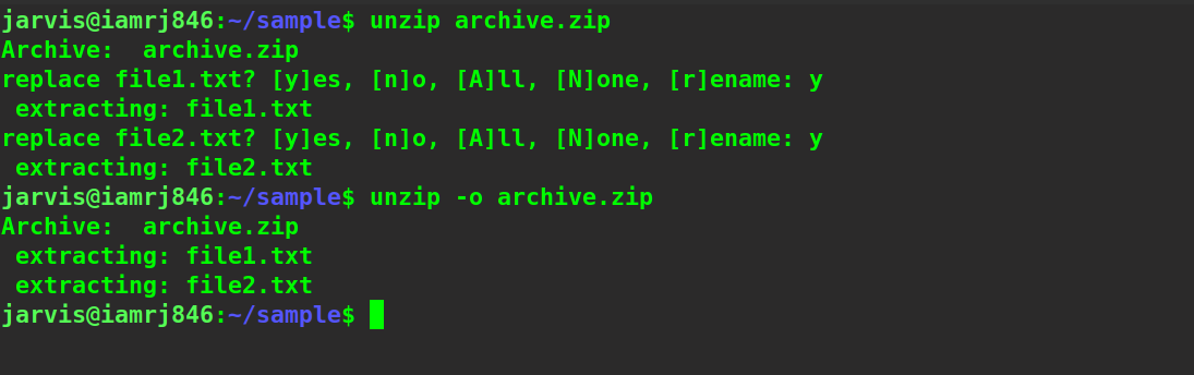 $ unzip -o archive.zip