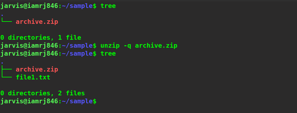 $ unzip -q archive.zip