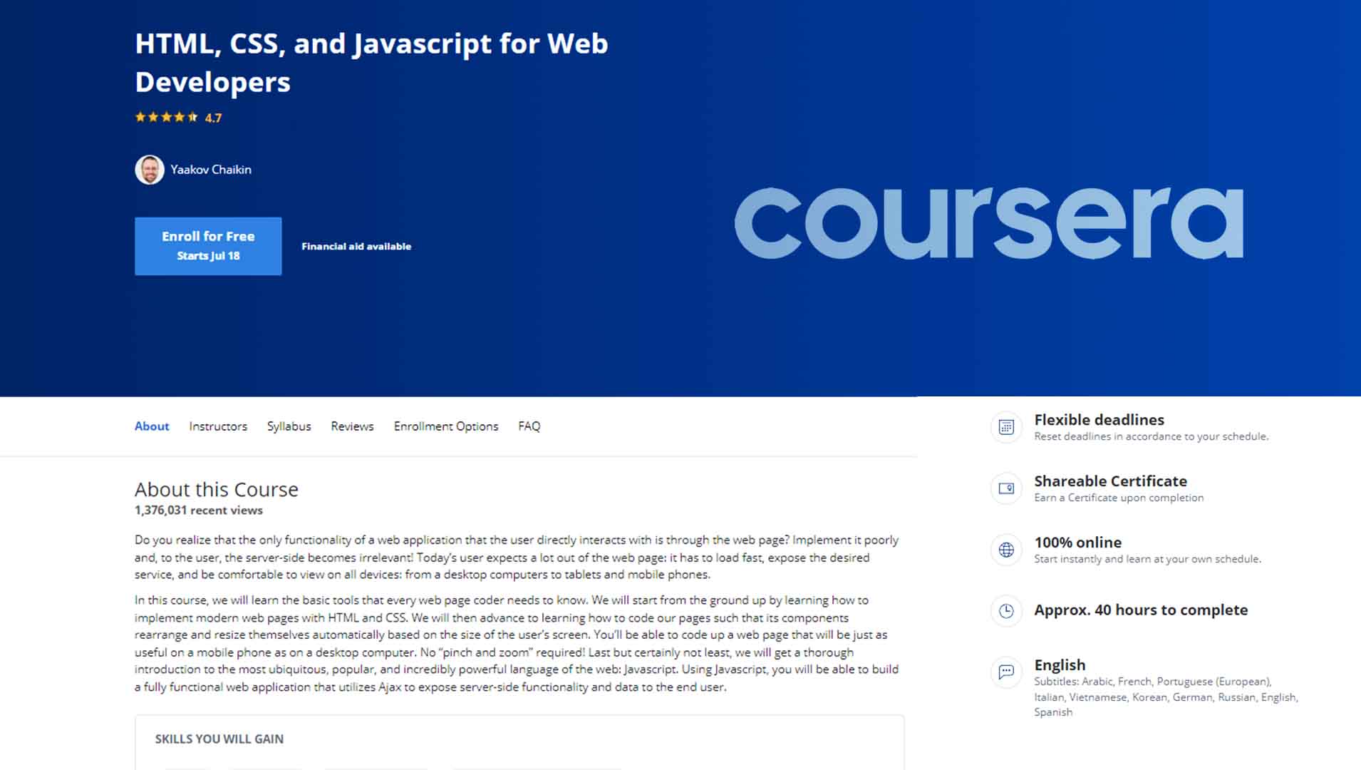 HTML, CSS, and Javascript for Web Developers