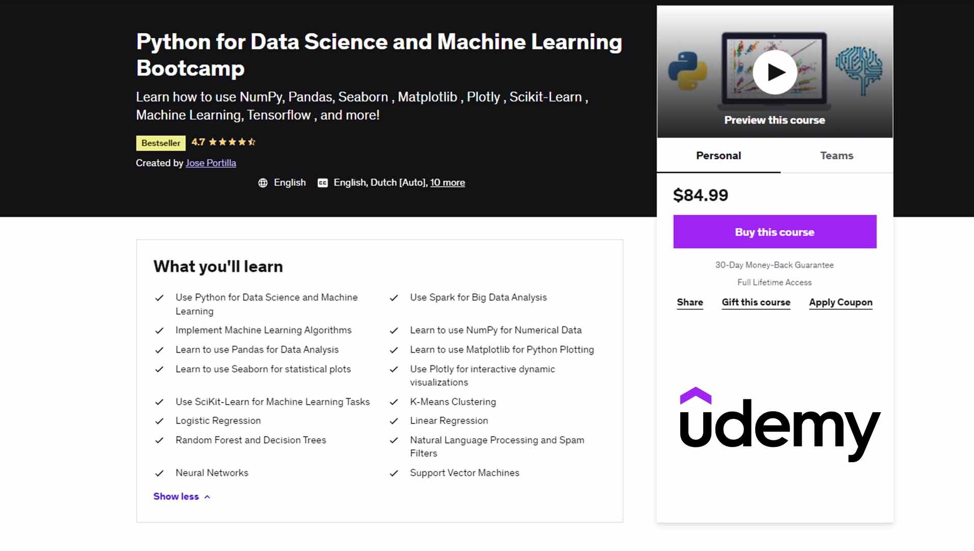 Python for Data Science and Machine Learning Bootcamp