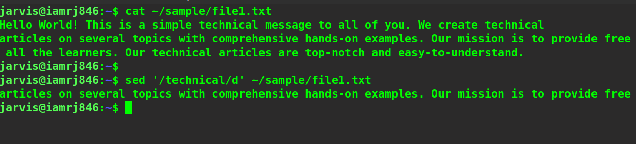 $ sed ‘/technical/d’ ~/sample/file1.txt