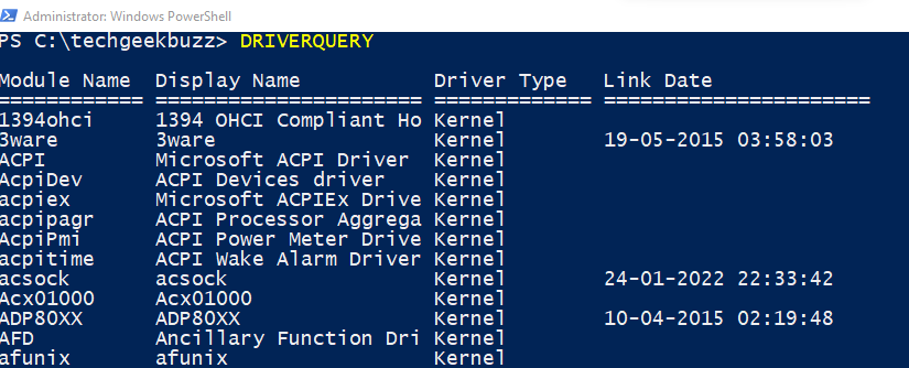 driverquery command