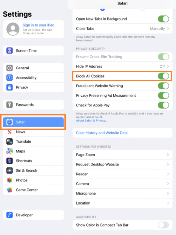 iPad Block all Cookies
